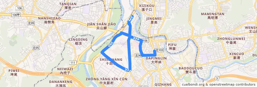 Mapa del recorrido 臺北市 290副(順安街) 中正環河路口->捷運大坪林站 (往捷運大坪林站) de la línea  en Xindian.