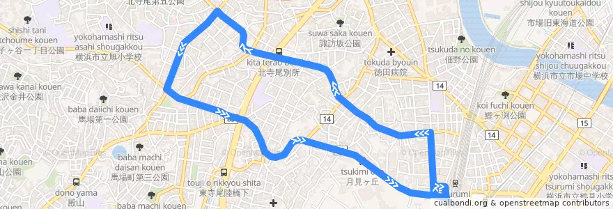 Mapa del recorrido 寺谷循環 de la línea  en 鶴見区.