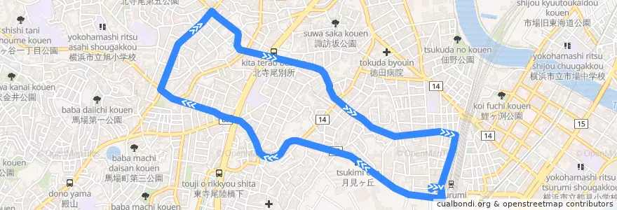 Mapa del recorrido 東寺尾循環 de la línea  en 鶴見区.