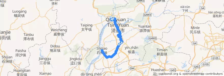 Mapa del recorrido 清远219路公交（西门塘公交总站→石角） de la línea  en 清城区 (Qingcheng).