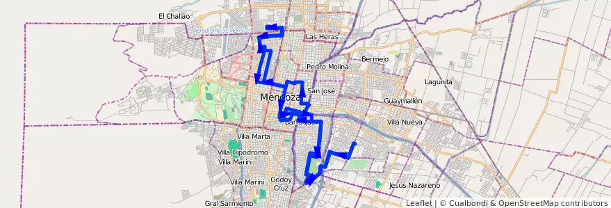 Mapa del recorrido 93 - Bº Cementista - Bº Viajantes de la línea G07 en Мендоса.