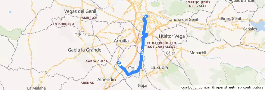 Mapa del recorrido Bus 0170B: Lomalinda → Las Pedrizas → Ogíjares → Granada de la línea  en Comarca de la Vega de Granada.