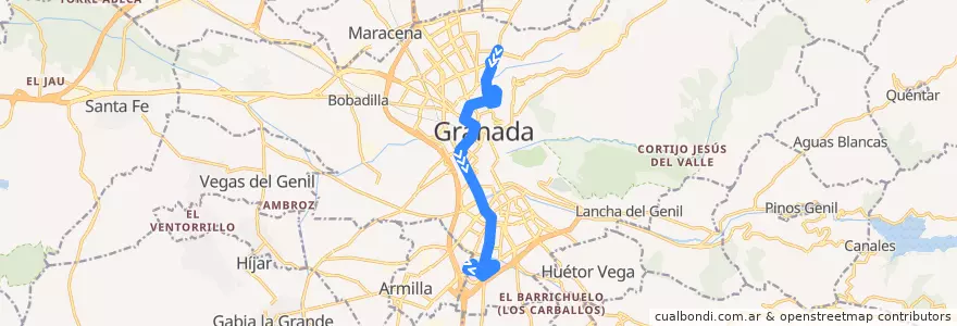 Mapa del recorrido Bus U3: Camino de Alfacar → Campus de la Cartuja → Parque Tecnológico de la Salud de la línea  en Granada.