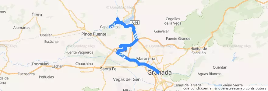 Mapa del recorrido Bus 0126: Caparacena → Urbanización Los Cortijos → Medina Elvira → Atarfe → Granada de la línea  en Comarca de la Vega de Granada.