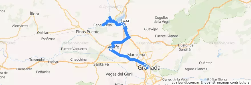 Mapa del recorrido Bus 0126: Granada → Atarfe → Medina Elvira → Urbanización Los Cortijos → Caparacena de la línea  en Comarca de la Vega de Granada.