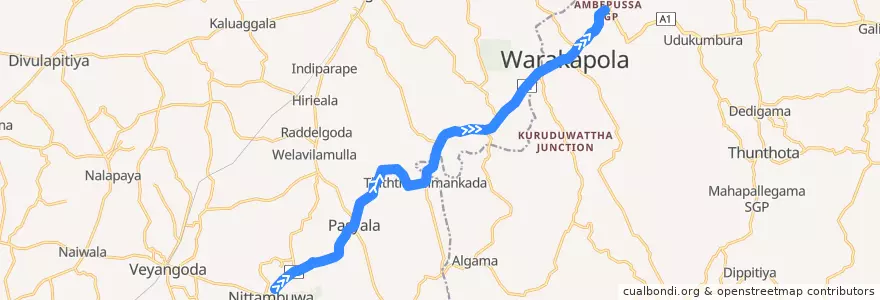 Mapa del recorrido Colombo - Kandy de la línea  en Sri Lanka.