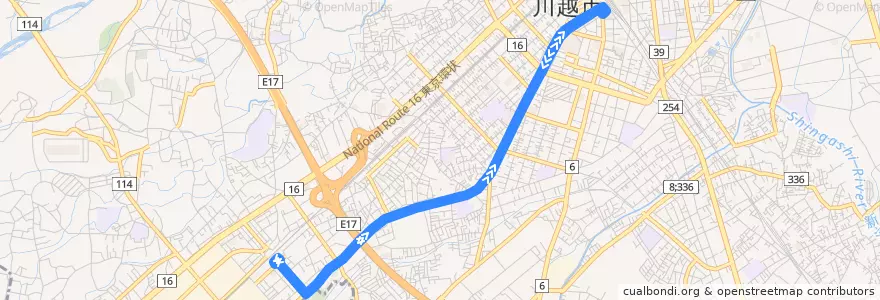Mapa del recorrido 川越61 川越駅西口～南大塚駅南口 de la línea  en 川越市.