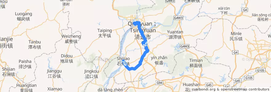 Mapa del recorrido 清远219路公交（石角→西门塘公交总站） de la línea  en Qingcheng District.