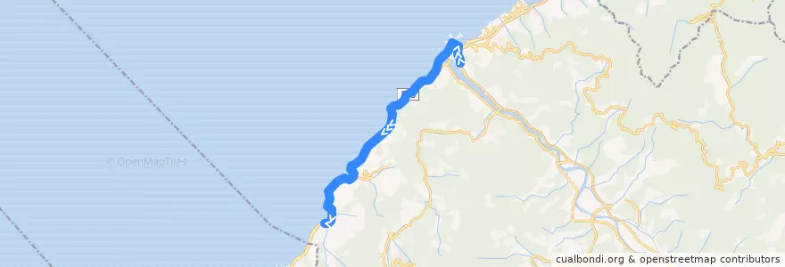 Mapa del recorrido 磯崎線 (長浜駒手町 - 長浜 - 出海) de la línea  en 大洲市.