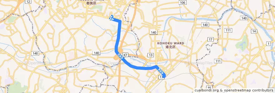 Mapa del recorrido 300系統 仲町台駅→鳥山大橋→新横浜駅前 de la línea  en 요코하마시.