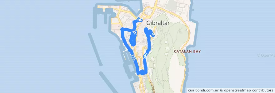 Mapa del recorrido Bus 1: Market Place → Reclamation Road → Willis's Road de la línea  en Gibraltar.