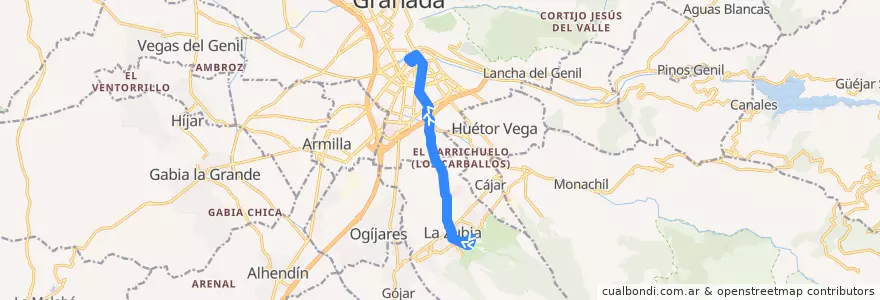Mapa del recorrido Bus 0177: La Zubia (Campo de Fútbol) → Granada de la línea  en Comarca de la Vega de Granada.