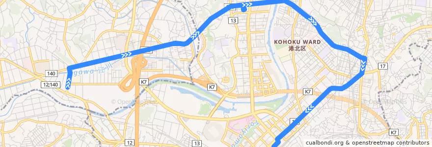 Mapa del recorrido 41系統 川向町折返場→新横浜駅前 de la línea  en 横浜市.