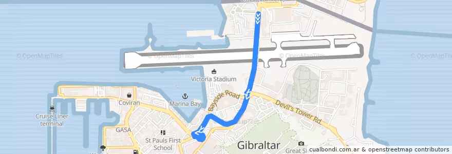 Mapa del recorrido Bus X5: Frontier → Market Place de la línea  en Gibraltar.