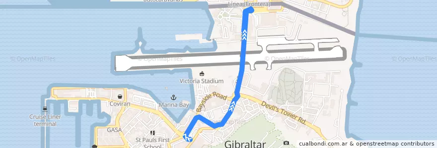 Mapa del recorrido Bus X5: Market Place → Frontier de la línea  en Gibraltar.