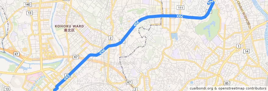 Mapa del recorrido 104系統 梶山→新横浜駅前 de la línea  en 요코하마시.