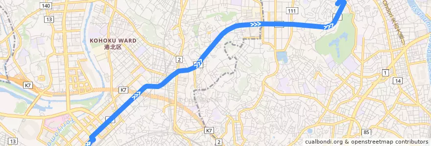 Mapa del recorrido 104系統 新横浜駅前→梶山 de la línea  en Yokohama.