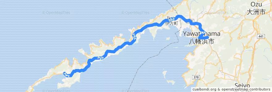 Mapa del recorrido 三崎線 (三崎港口 - 八幡浜駅前) de la línea  en Préfecture d'Ehime.