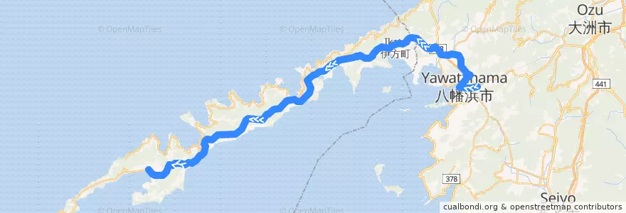 Mapa del recorrido 三崎線 (八幡浜駅前 - 三崎港口) de la línea  en 愛媛県.