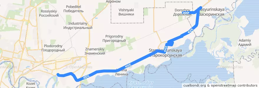 Mapa del recorrido Автобус №114А: посёлок Дорожный => Краснодарская ТЭЦ de la línea  en городской округ Краснодар.