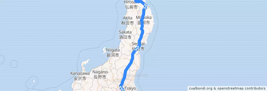 Mapa del recorrido 東北新幹線（下り） de la línea  en Japonya.
