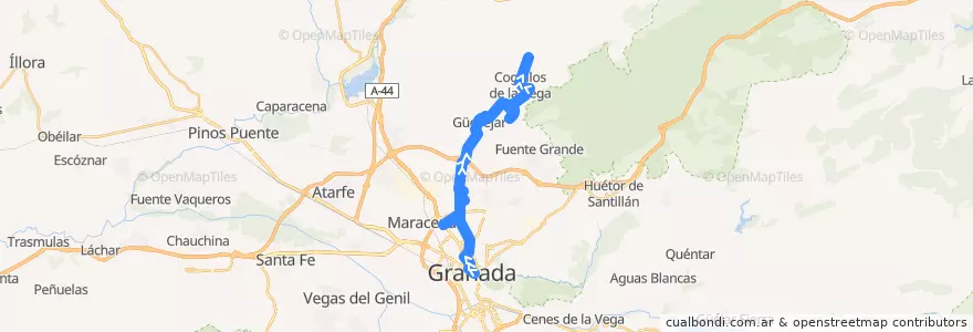 Mapa del recorrido Bus 0305: Granada → Pulianas → Güevéjar → Nívar → Cogollos de la Vega de la línea  en Comarca de la Vega de Granada.