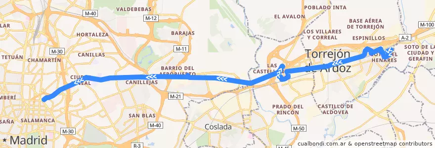 Mapa del recorrido Bus 224: Torrejón de Ardoz → Avenida de Castilla → Madrid (Avenida de América) de la línea  en Área metropolitana de Madrid y Corredor del Henares.