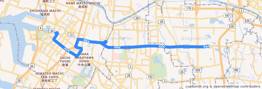 Mapa del recorrido 23: 河内松原駅前-堺駅前 de la línea  en Prefectura de Osaka.