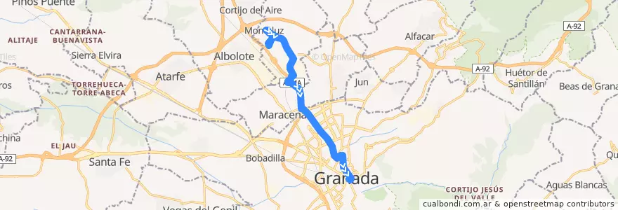 Mapa del recorrido Bus 0110: Monteluz → Caserío Fonseca → Peligros → Granada de la línea  en Comarca de la Vega de Granada.