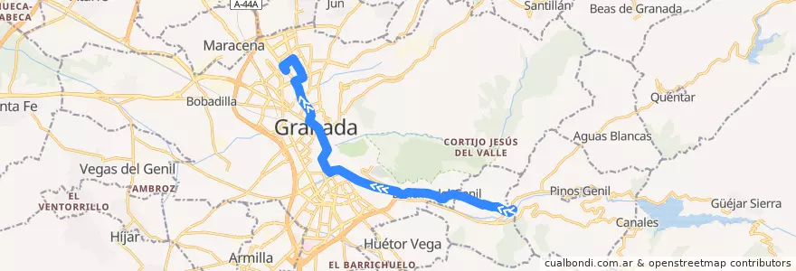 Mapa del recorrido Bus 33: Cenes de la Vega → Estación de Autobuses de la línea  en Granada.