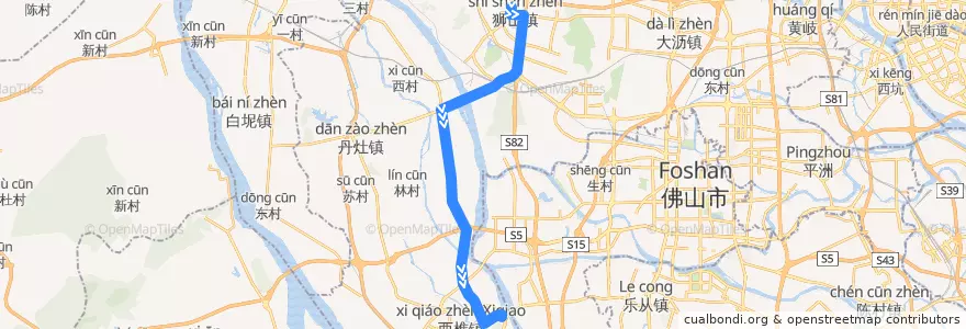 Mapa del recorrido 256路(狮山城区公交换乘中心-南海中学) de la línea  en Nanhai District.