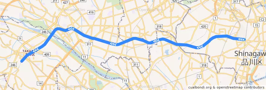Mapa del recorrido Tokyu Oimachi Line (Oimachi -> Mizonokuchi) de la línea  en Tokyo.