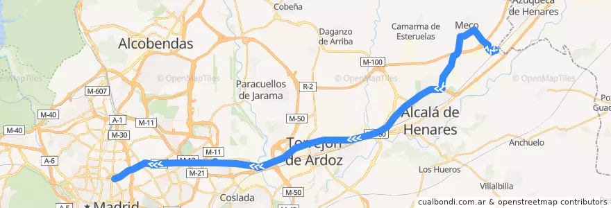 Mapa del recorrido Bus 222: Meco → Madrid (Avenida de América) de la línea  en Área metropolitana de Madrid y Corredor del Henares.