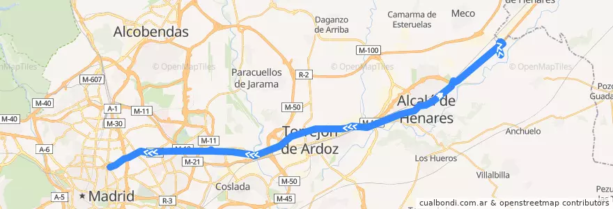 Mapa del recorrido Bus 222: Alcalá (El Encín) → Madrid (Avenida de América) de la línea  en Área metropolitana de Madrid y Corredor del Henares.