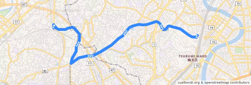 Mapa del recorrido 鶴01 菊名駅前→鶴見駅西口 de la línea  en 横浜市.