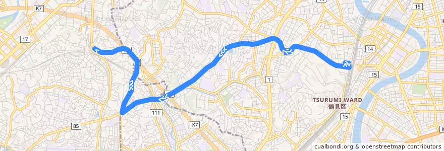 Mapa del recorrido 鶴01 鶴見駅西口→菊名小学校入口→菊名駅前 de la línea  en 요코하마시.
