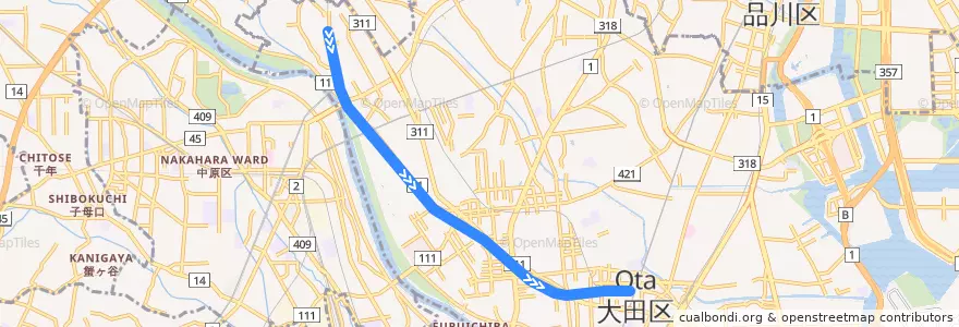 Mapa del recorrido 東急多摩川線 de la línea  en 大田区.