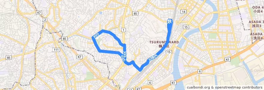 Mapa del recorrido 38系統 鶴見駅西口→白幡循環→鶴見駅西口 de la línea  en Tsurumi Ward.