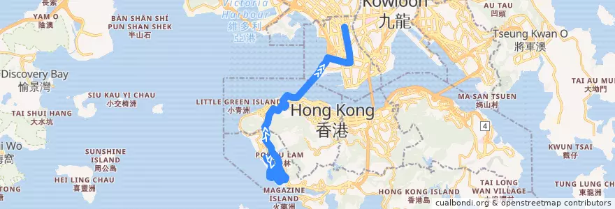 Mapa del recorrido 過海隧巴970線 Cross-harbour Bus 970 (數碼港 Cyberport → 旺角 Mong Kok) de la línea  en Nuovi Territori.