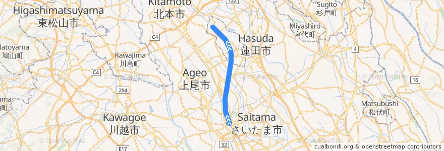 Mapa del recorrido 埼玉新都市交通伊奈線 de la línea  en 사이타마현.