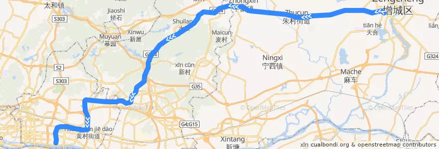 Mapa del recorrido 广州地铁21号线快车（增城广场→员村） de la línea  en Guangzhou City.