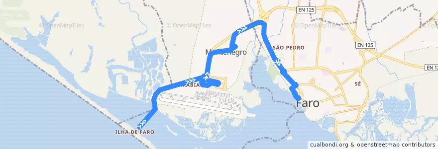 Mapa del recorrido Linha 16 - Praia de Faro (via Montenegro e Aeroporto) > Terminal Rodoviàrio de la línea  en Faro.