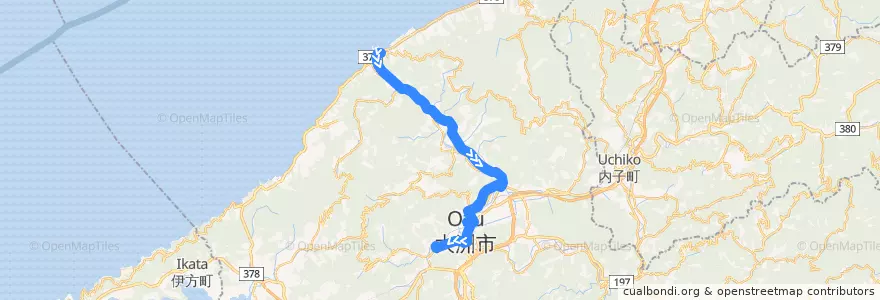 Mapa del recorrido 大洲長浜線 (長浜駅前 - 五郎橋 - 大洲病院前) de la línea  en 大洲市.
