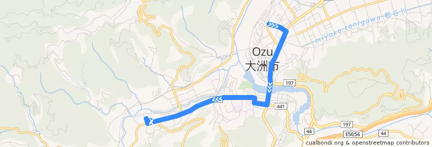 Mapa del recorrido 大洲線 (大洲駅前 - 大洲病院前) de la línea  en 大洲市.