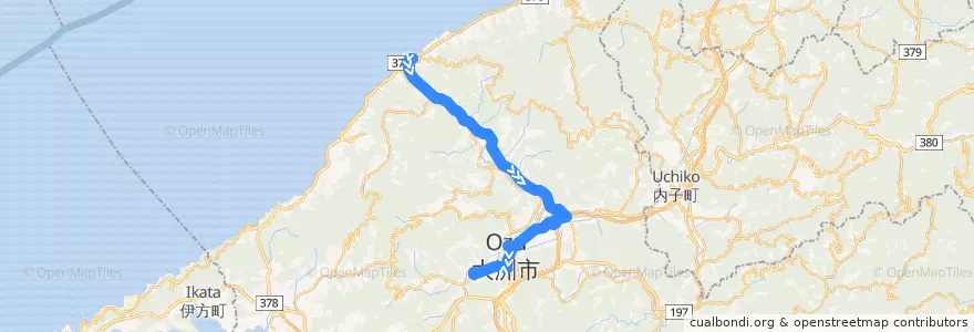Mapa del recorrido 八幡浜長浜線 (長浜駅前 - 大洲病院前) de la línea  en 大洲市.