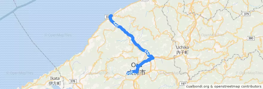 Mapa del recorrido 八幡浜長浜線 (大洲病院前 - 長浜駅前) de la línea  en 大洲市.