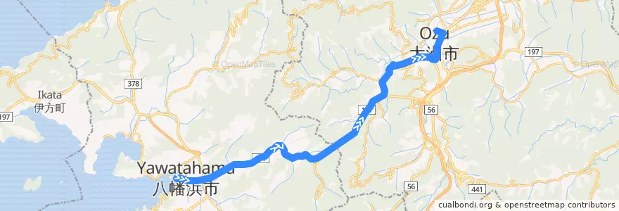 Mapa del recorrido 八幡浜大洲線 (八幡浜港 - 大洲駅前) de la línea  en Ehime Prefecture.