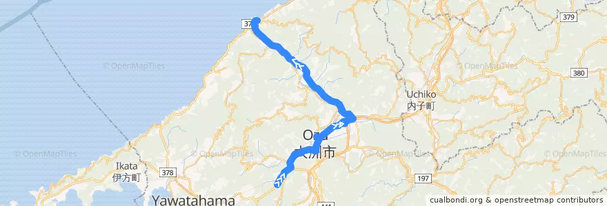 Mapa del recorrido 八幡浜長浜線 (夜昼パークタウン前 - 長浜駅前) de la línea  en 大洲市.