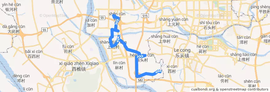 Mapa del recorrido 142路(华南交通电子产业园-罗园村) de la línea  en 禅城区 (Chancheng).