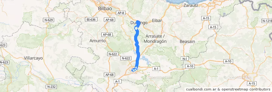 Mapa del recorrido A18 Vitoria-Gasteiz → Durango de la línea  en Euskadi.